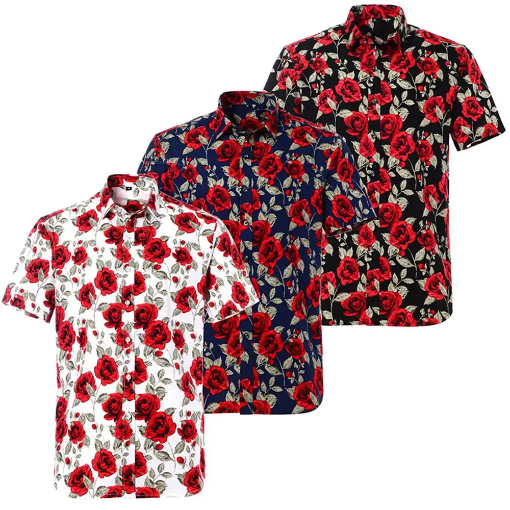 Мужская хлопковая пляжная рубашка с коротким рукавом и цветочным принтом