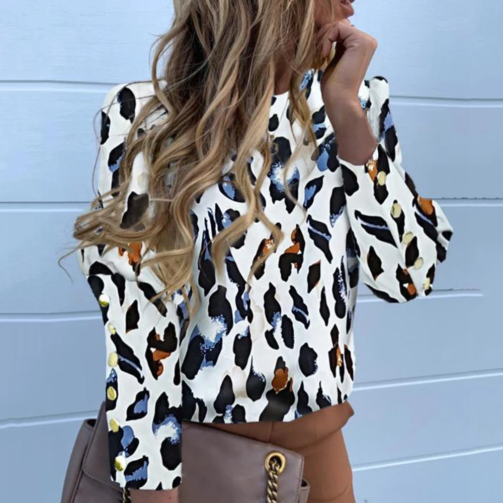 

Puff Shoulder Blouse Shirts Office Lady 2020 New Metal Buttoned Detail Blouses Women Pineapple Print Long Sleeve Tops
