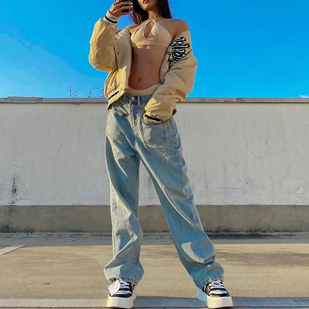 

Women Solid Color Stylish Loose Leg Jeans Low Waist Hip Hop Style Washed Wild Casual Straight Pants Trousers with Pockets
