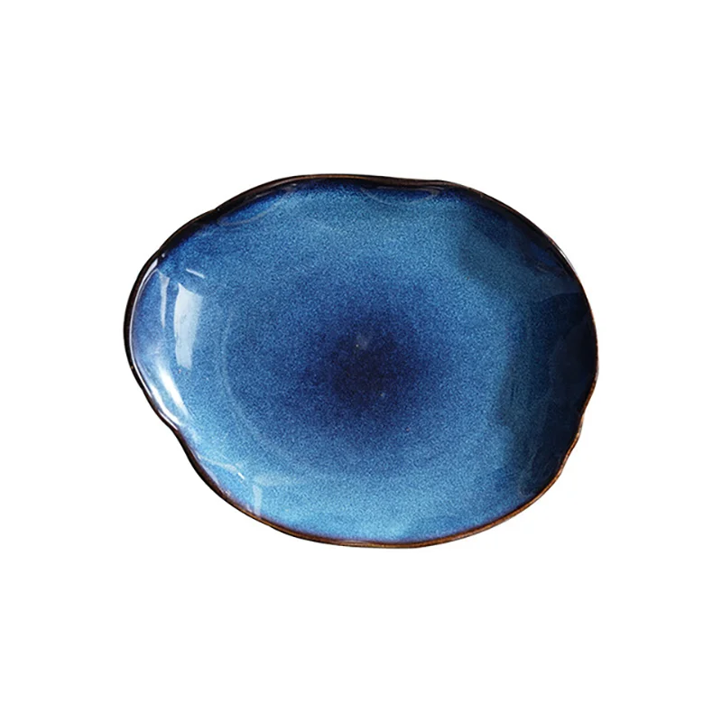 

Ceramic Blue Tableware Plate Bowl Set Kiln Changed Irregular Plate Sushi Steak Dinner Plate Bowl Household Dish Hotel Restaurant