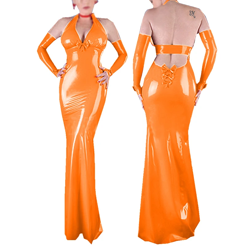 Женское длинное вечернее платье виниловое Платье макси с лямкой на шее и
