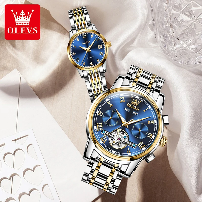 OLEVS 2022 New Automatic Mechanical Watch Stylish Blue Dial Top Brand Waterproof Tourbillon Lovers Watches Luminous Reloj Hombre