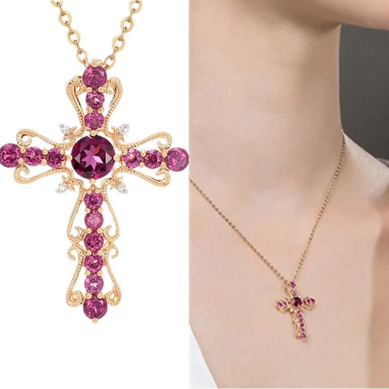 Женская Цепочка-чокер с кулоном в виде креста фиолетовыми кристаллами |
