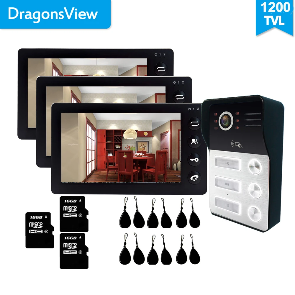Видеодомофон Dragonsview 7 дюймов 3 квартиры Монитора запись мультиквартир/семьи/дома