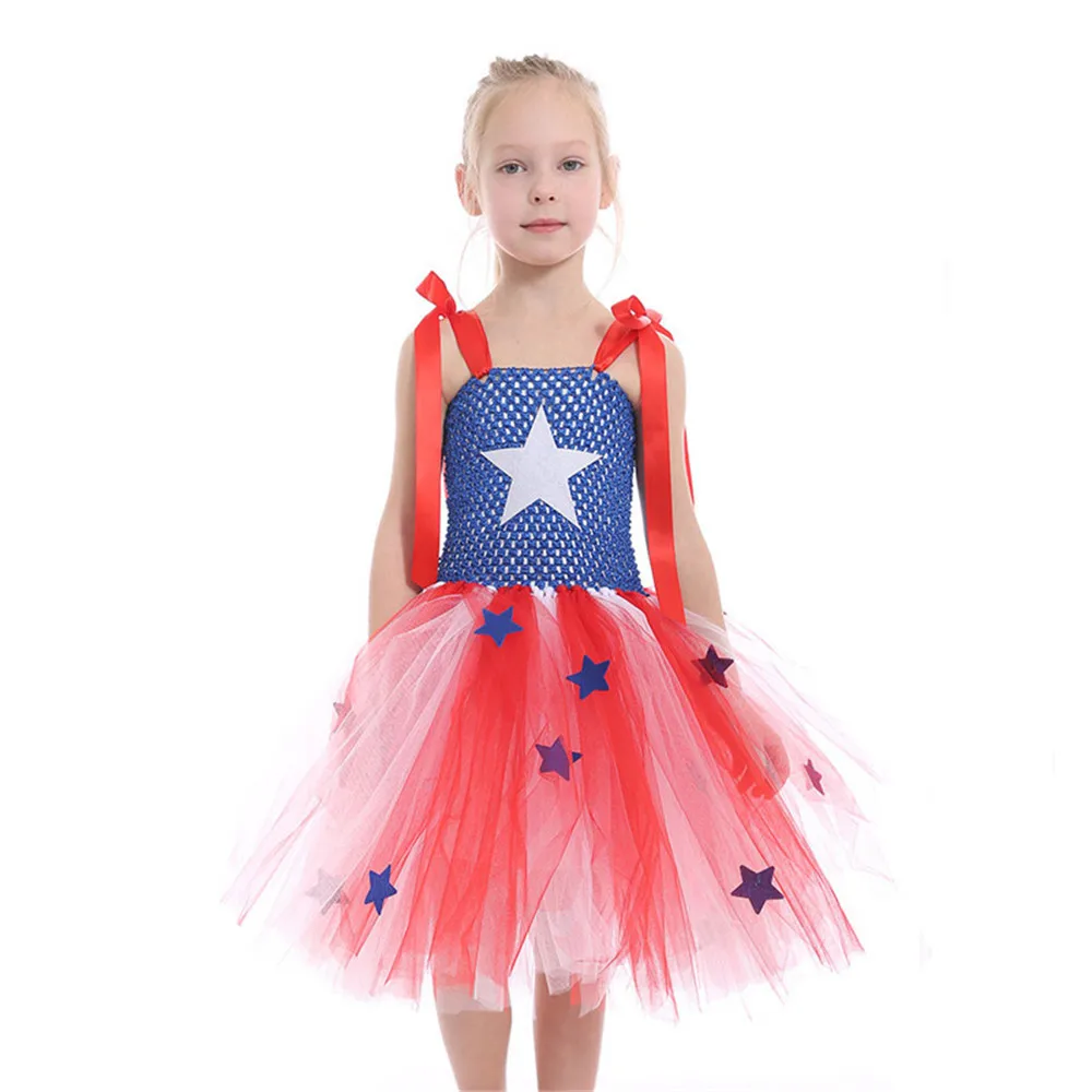 Девушка Капитан Америка Хэллоуин костюм фантазии платье супер дети партии