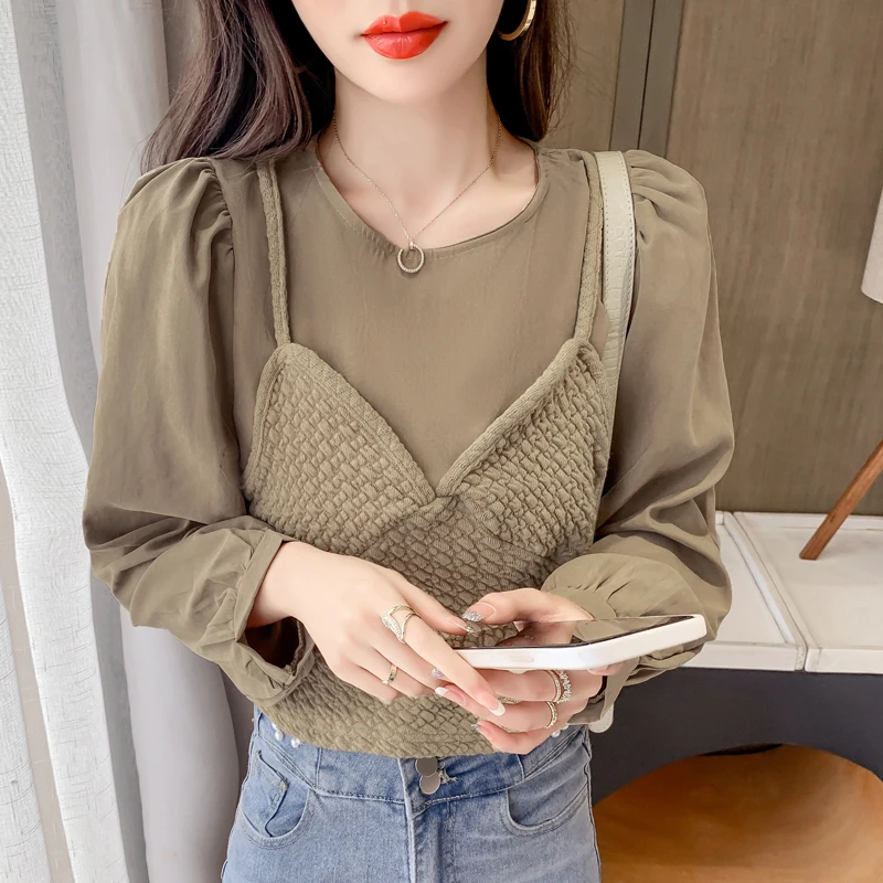 

Vintage French Style Fake Two Pieces Knit Top Female Fall 2021 Long Sleeve Shirt Cropped Tshirt Elegant Blouse Aesthetic Clothes