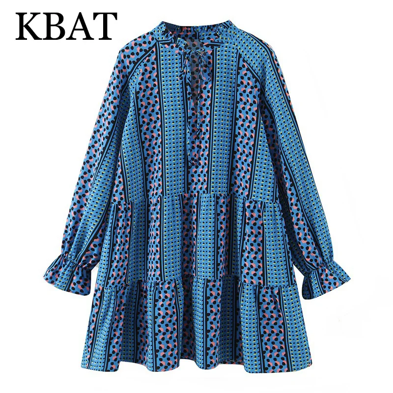 

2021 KBAT Fashion Women Blue Print Romantic Dress Casual Loose Long Sleeve Females Mini Dresses Vestidos