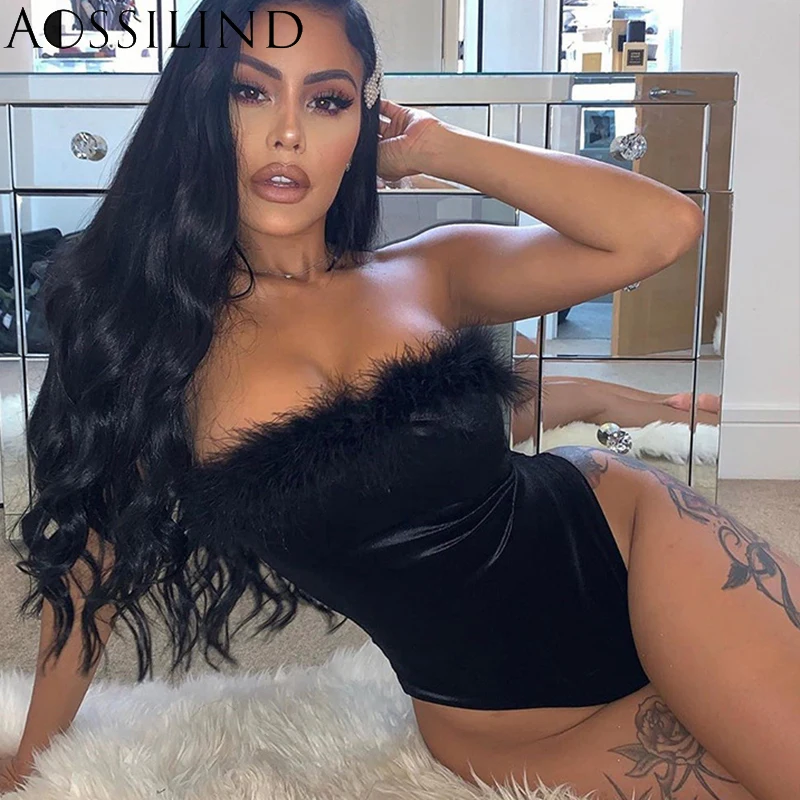 

AOSSILIND Sexy Black Strapless Bodysuit Women Sleeveless Faux Fur Patchwork Rompers Casual Bodysuit Club Party Outfits