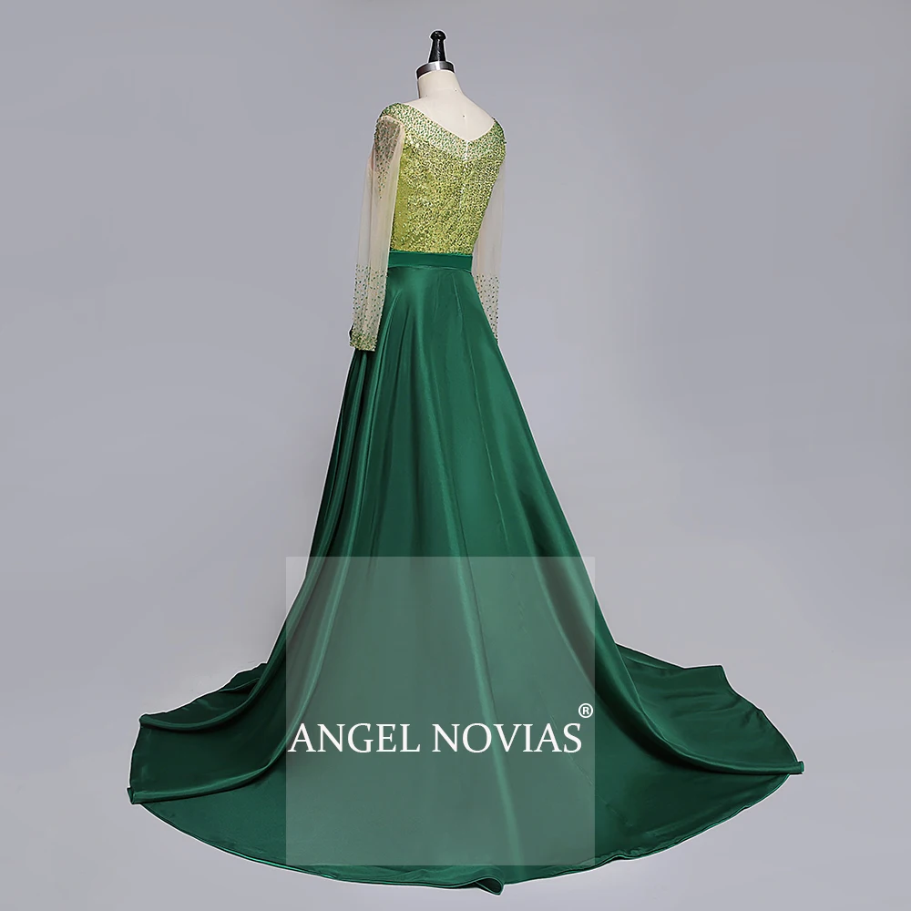 Вечерние платья с длинными рукавами украшенные зелеными бусинами 2020 со съемной