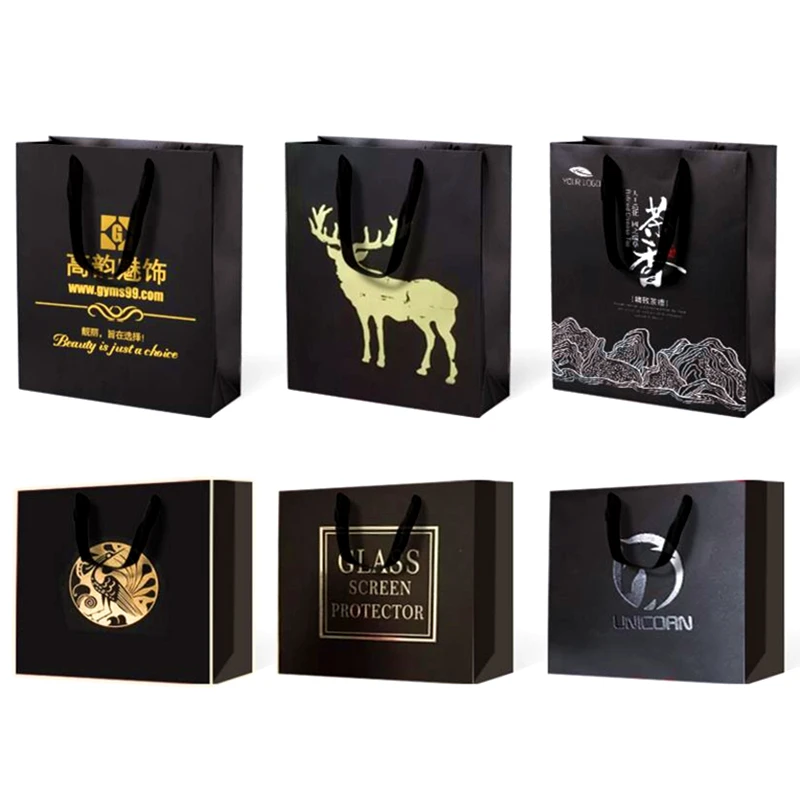 

100 x multi size gold gift / Bag Black Pink Blue White shopping paper bag with ribbon packaging bag custom logo printing