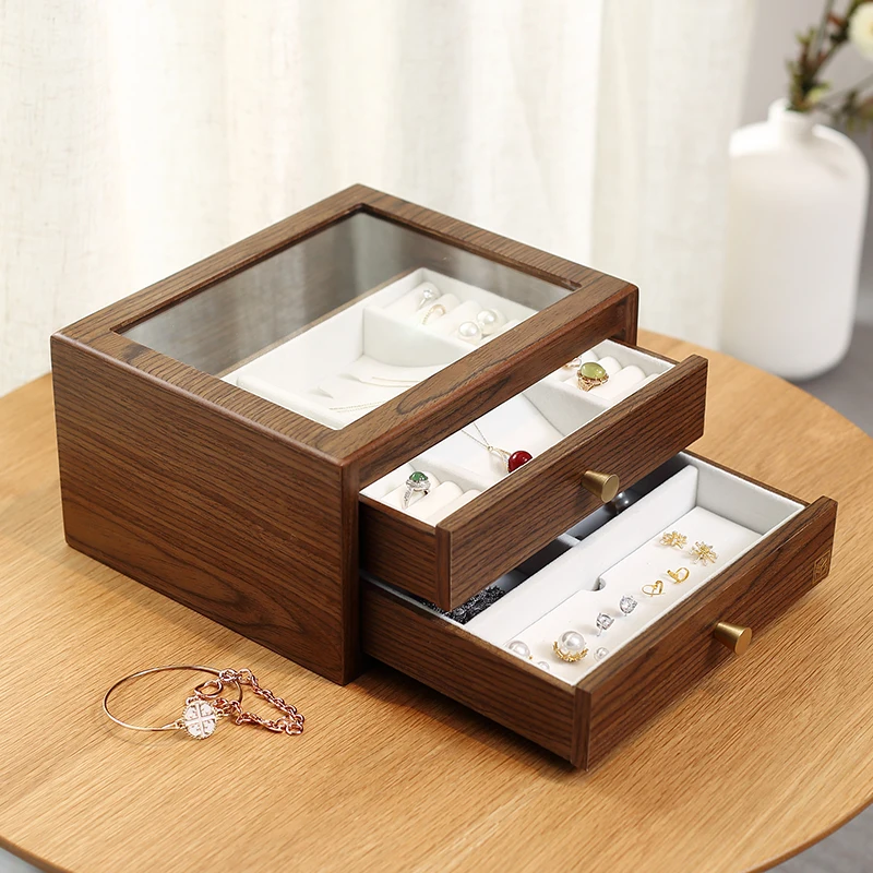 

Casegrace Large Wooden Jewelry Box Organizer With Drawer Glass Display Wood Earring Ring Necklace Jewellery Storage Case Casket