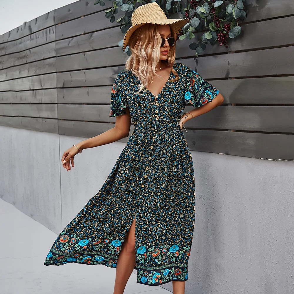 

Women's Dress 2021 Summer V-neck Casual Fashion Large-length Mid-length Skirt Dress Bohemian Beach Style Beautiful Dress