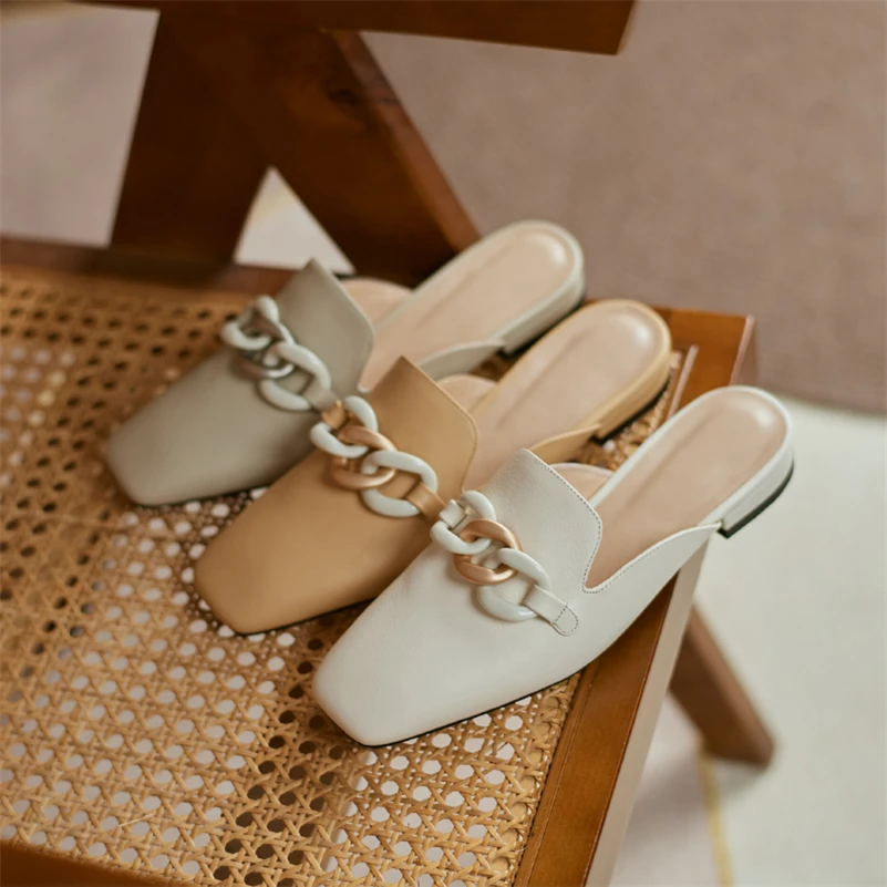 

Meotina Genuine Leather Women Mules Shoes Square Toe Flats Shoes Metal Decoration Causal Ladies Footwear Cow Leather Apricot