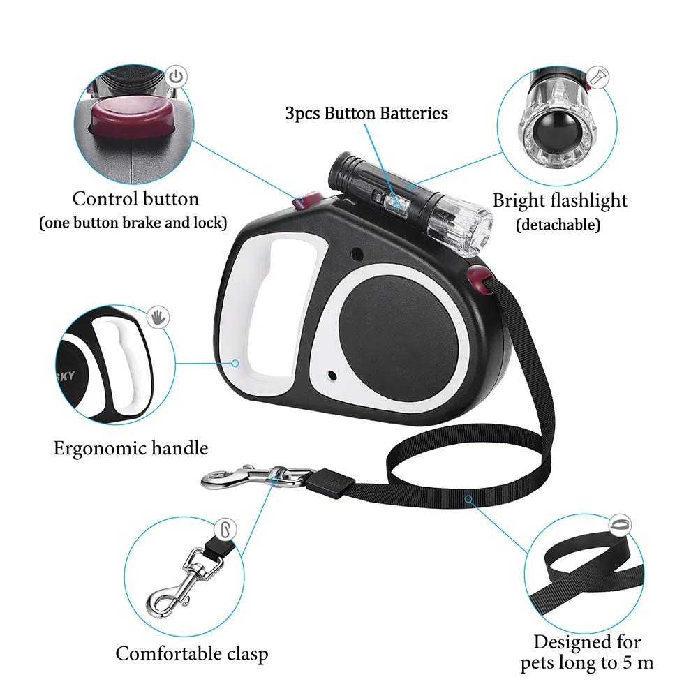 5m Dog Leash Automatic Retractable With Flashlight One-key Brake &amp Lock Nylon Rope For Small Or Medium Dogs Pet | Дом и сад