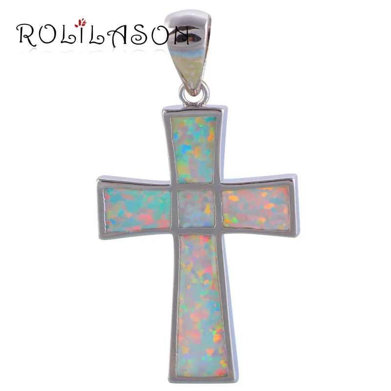 

ROLILASON Cross Design Vintage White Fire Opal 925 sterling silver necklace Pendant for women Fine Fashion jewelry SP83