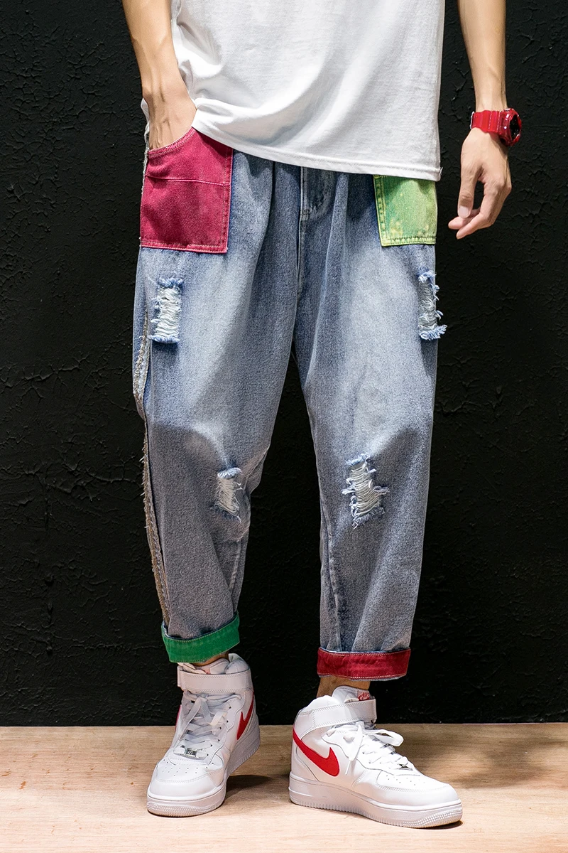 

Summer Cotton Jeans Men Thin Section Large Size Hole Ankle Length Casual Pants Men Loose Straight Hit Color Jeans