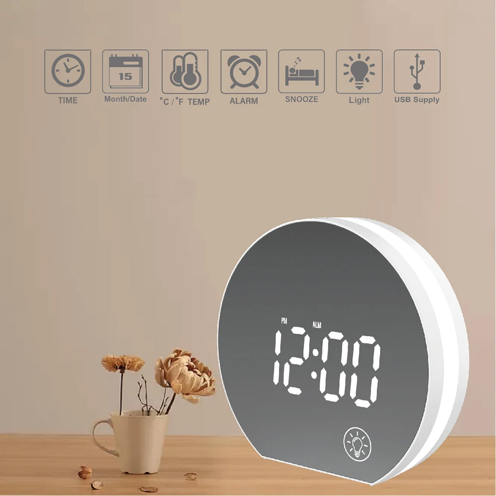 Цифровой настольный USB питание светодиодный зеркальный будильник часы белого