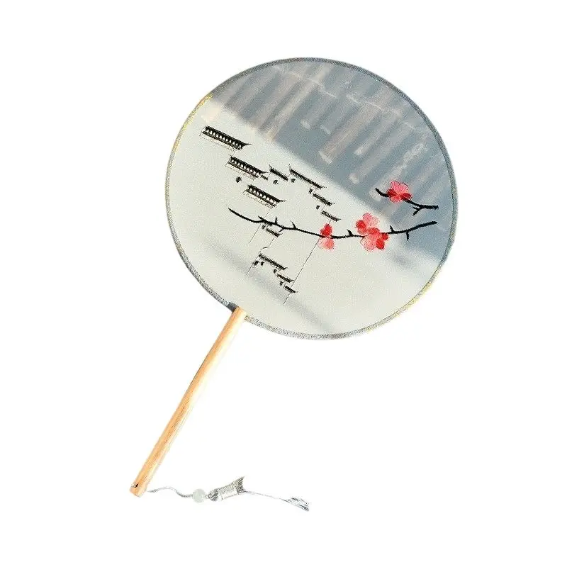 Круглый вышитый веер Hanfu с длинной ручкой китайский бамбуковый портативный