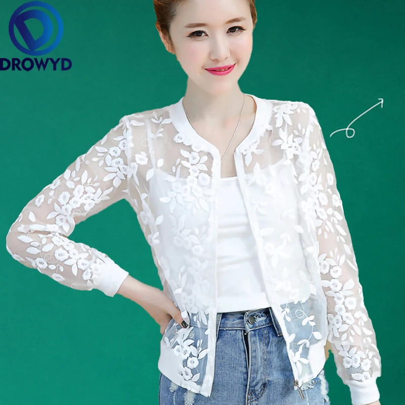 

Summer White Lace Thin Baseball Jacket Women Casual Long-sleeve Transparent Bomber Tops Breathable Sunscreen Cardigan Loose Coat