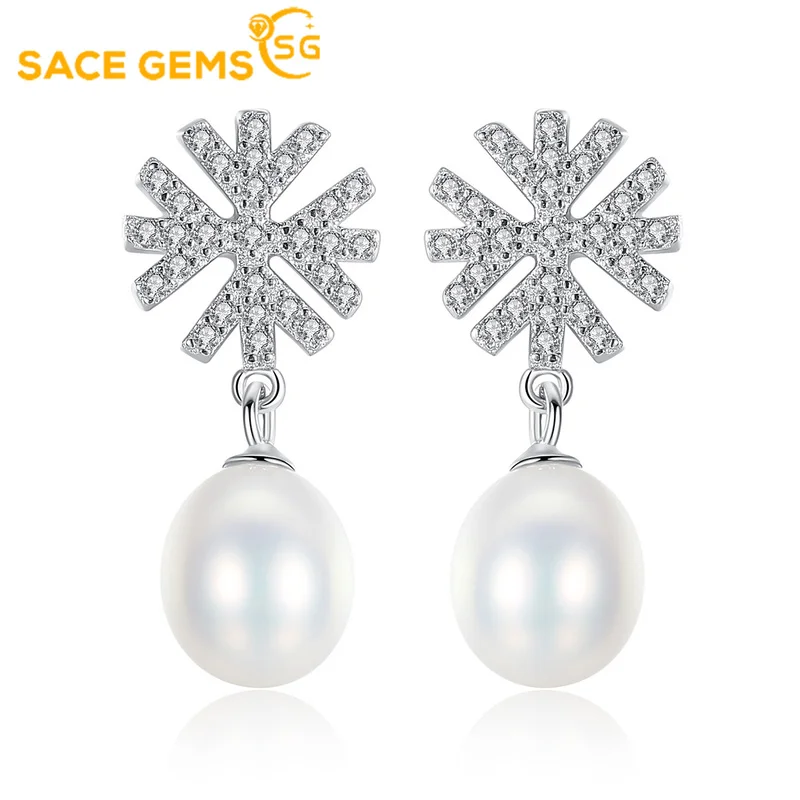 

SACE GEMS Romantic Snowflake S925 Sterling Silver Stud Earrings Inlaid with 3A Zircon Silver Freshwater Pearl Earrings