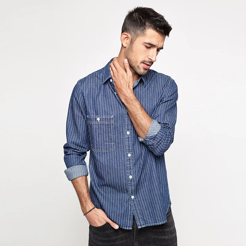

KUEGOU 100% Cotton Clothing Spring Autumn Man's Shirts Striped Fashion High Quality Men Long sleeve Top Plus size BC-20510