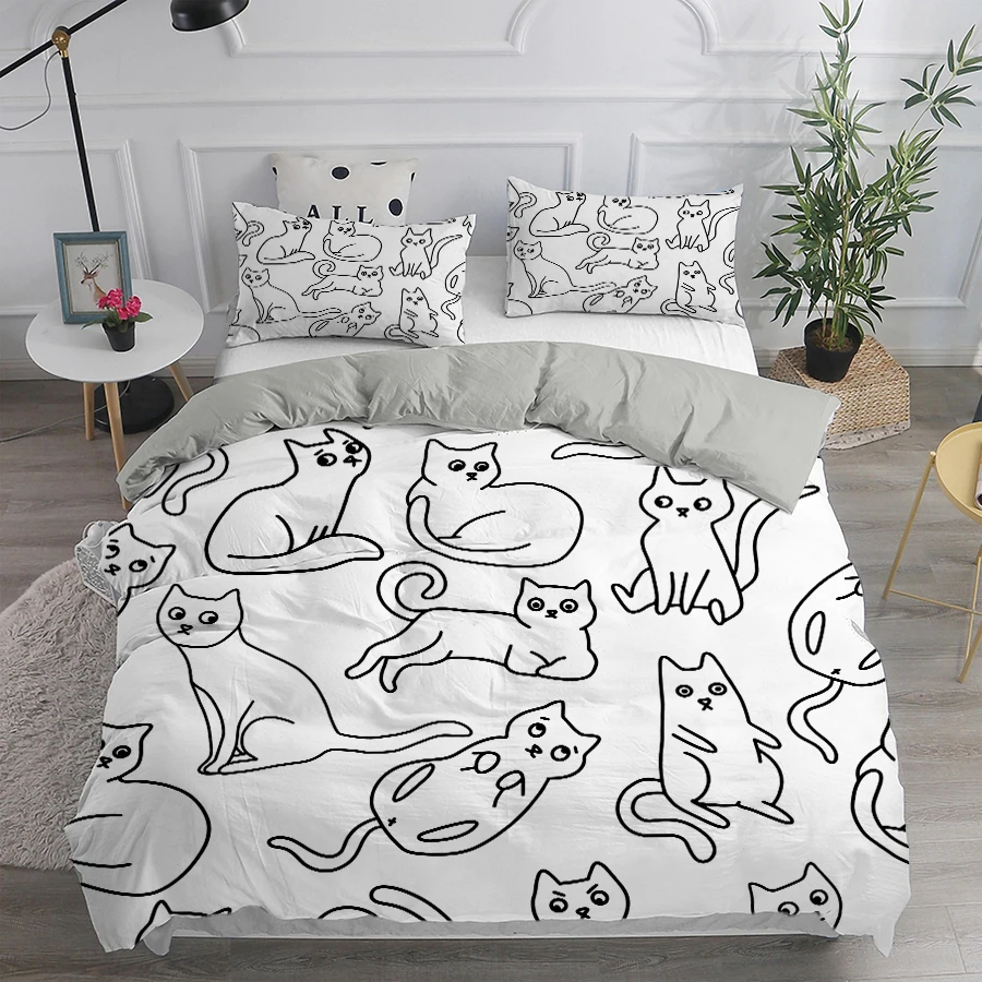 

oentyo Home Textile Cute Cat Kitty Duvet Cover PillowCase Bed Cover Boy Kid Teen Girl Bed Linens Set King Queen Twin Single