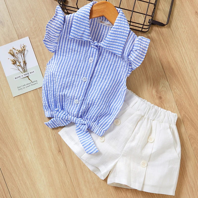 

Menoea Girls Striped Clothing Sets 2021 Kids Summer Clothing Sets Bow Button Design Shirt+ Short Pants 2Pcs Girls Clothes Suits