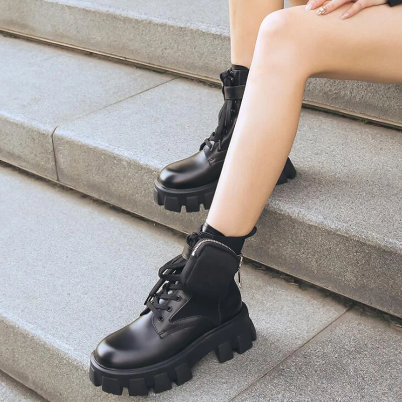 

Women Winter Boots Genuine Leather Boots Black Ankle Boots Motorcycle Thick Heel Platform Boots Booties Heels pocket q23