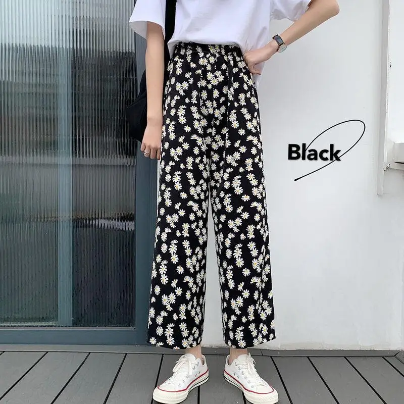 

Pants Women Casual Elastic-waist Daisy-printed Ankle-length Korean Style Womens Fashion All-match Wide-leg Ulzzang Simple Pant