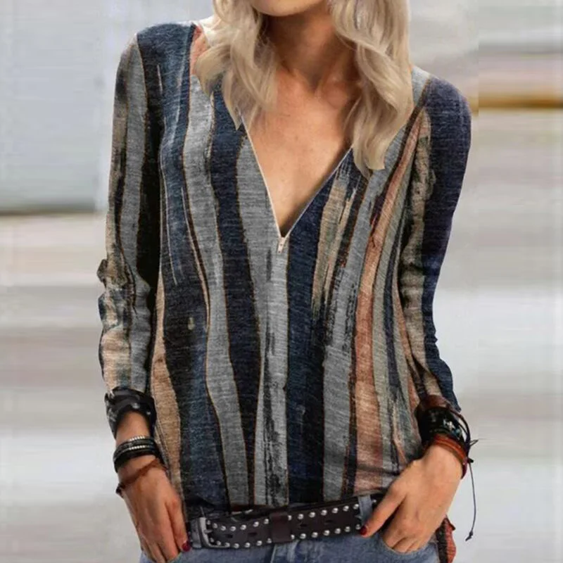 

Sexy Striped Printed Top Zipper V-neck T-shirt Ladies Loose Long Sleeve Pullover Fall Streetwear Casual Shirts Plus Large Sizes