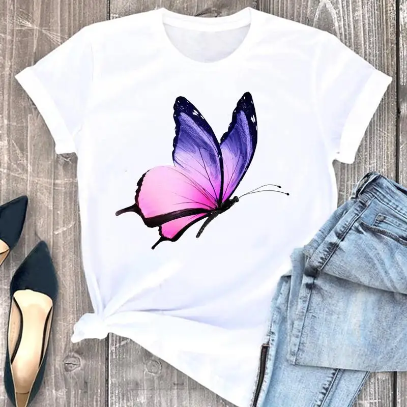 

Футболка женская с коротким рукавом и принтом, мультяшный Топ С Рисунком бабочки акварелью 90-х годов, модная одежда с графическим принтом