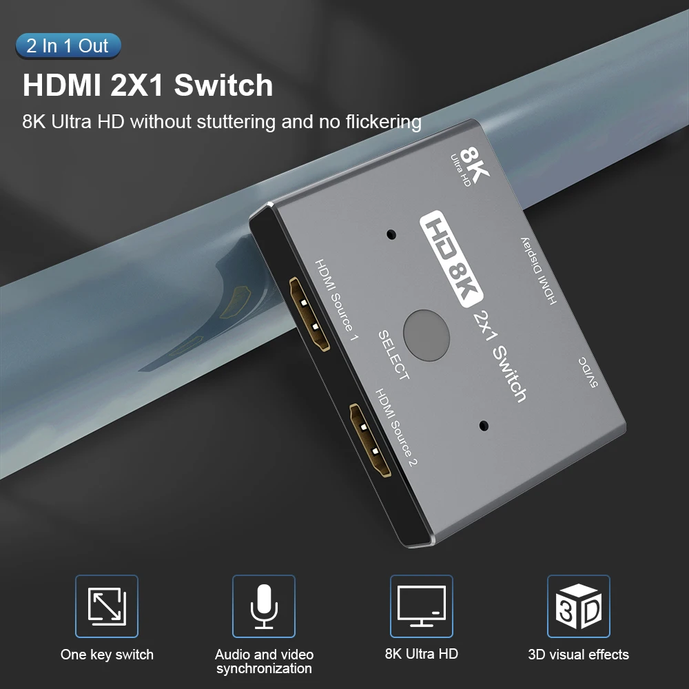 

HDMI-Compatible Switcher 2 in 1 out 3 Port KVM Adapter 8K@60Hz 4K@120Hz 2x1 HD Audio video Switch for PS5 PS4 Xbox Projectors