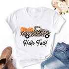 Футболка с надписью Hello Fallосень, женская футболка с забавным леопардовым принтом тыквы и грузовика на День Благодарения, футболка с надписью Happy Harvest It's Fall Yall