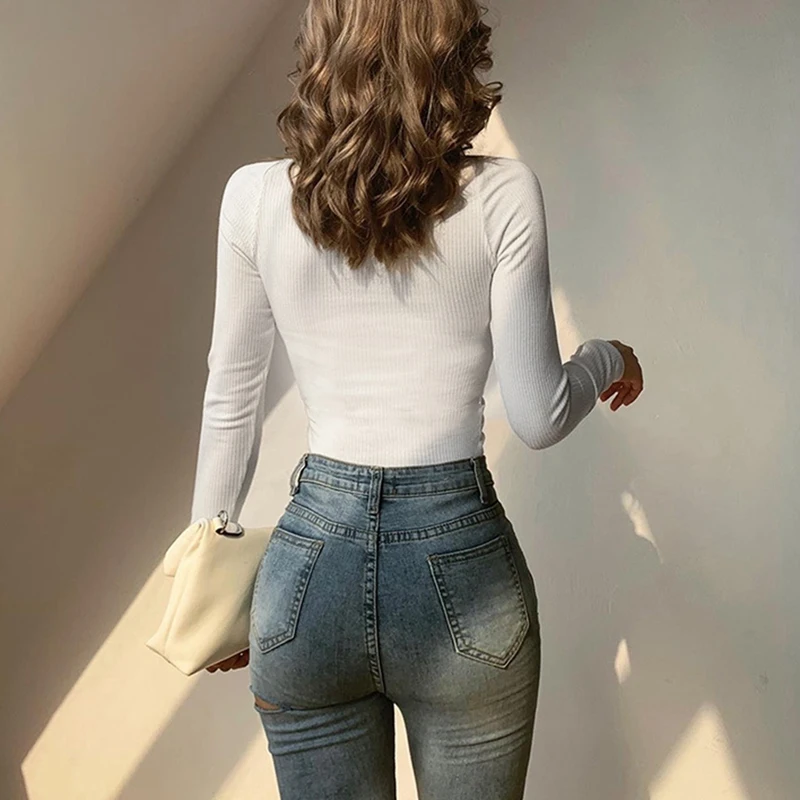 Женская сексуальная тонкая футболка с квадратным воротником и длинным рукавом