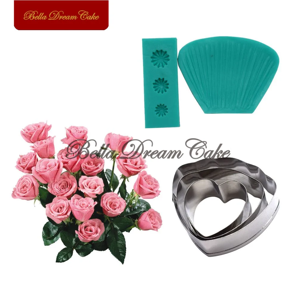 

5pcs/Set Rose Petal Silicone Veiner Mold Stainless Steel Cutter DIY Fondant Flower Clay Mould Cake Decorating Tools Bakeware