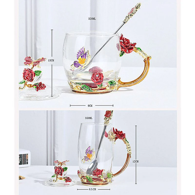 

Red Blue Rose Enamel Crystal Tea Cup Coffee Mug Butterfly Rose Painted Flower Water Cups Clear Glass with Spoon Set Perfect Gift
