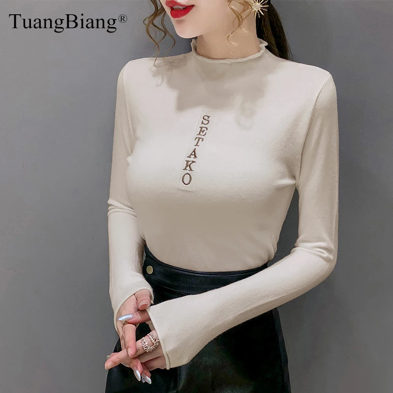 

2020 Letter Embroidery Ruffled Turtleneck Sweaters Women Apricot Knitted Pullovers Tops Basic Feminine Pink Long Sleeve Jumpers