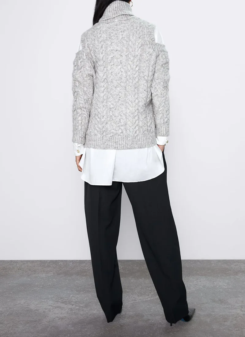 ZA зимние женские серые свитера с открытыми плечами модный тонкий вязаный зимний