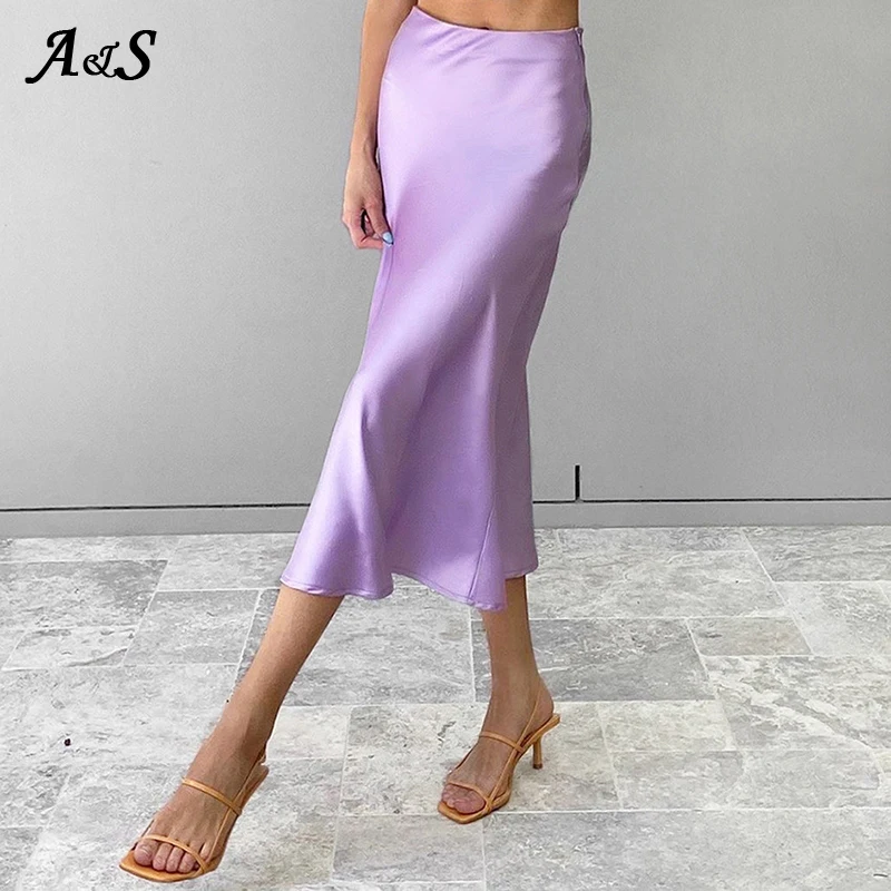 Женская атласная шелковая юбка Anbenser однотонная фиолетовая длинная с высокой