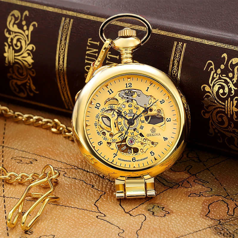 Luxury Mechanical Movement Pocket Watch Magnifying Glass Stylish Hollow Dial Roman Numeral Dial with FOB Chain Foldable Case New