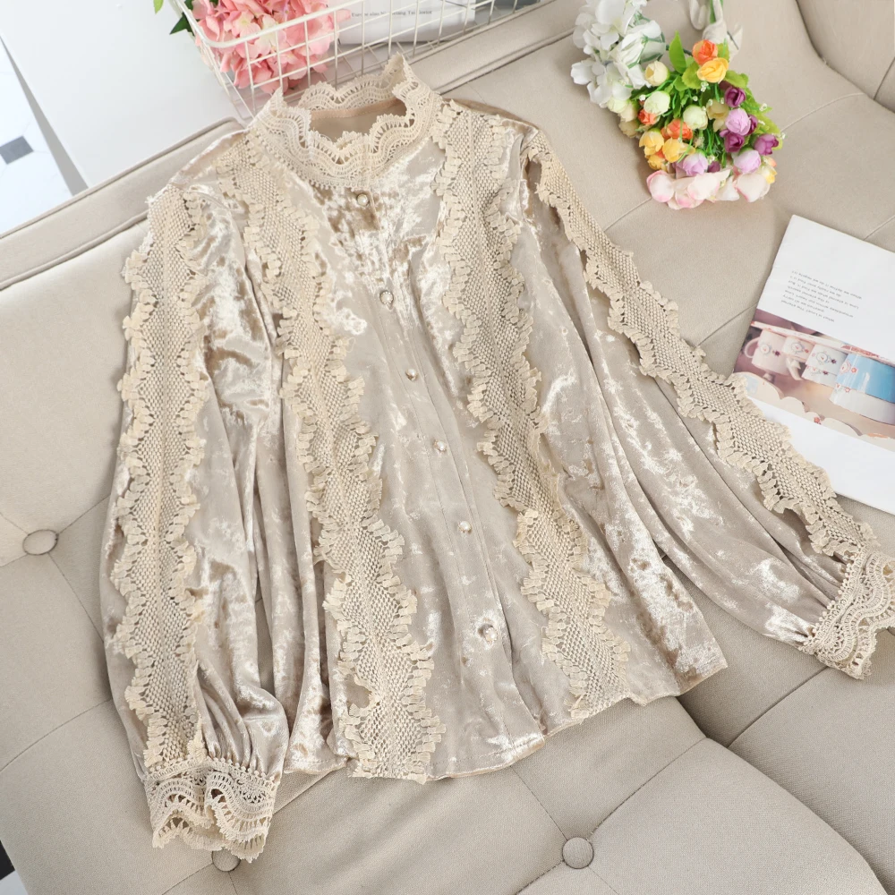 SINGRAIN осенние женские бархатные блузки с длинными рукавами кружевные велюровые