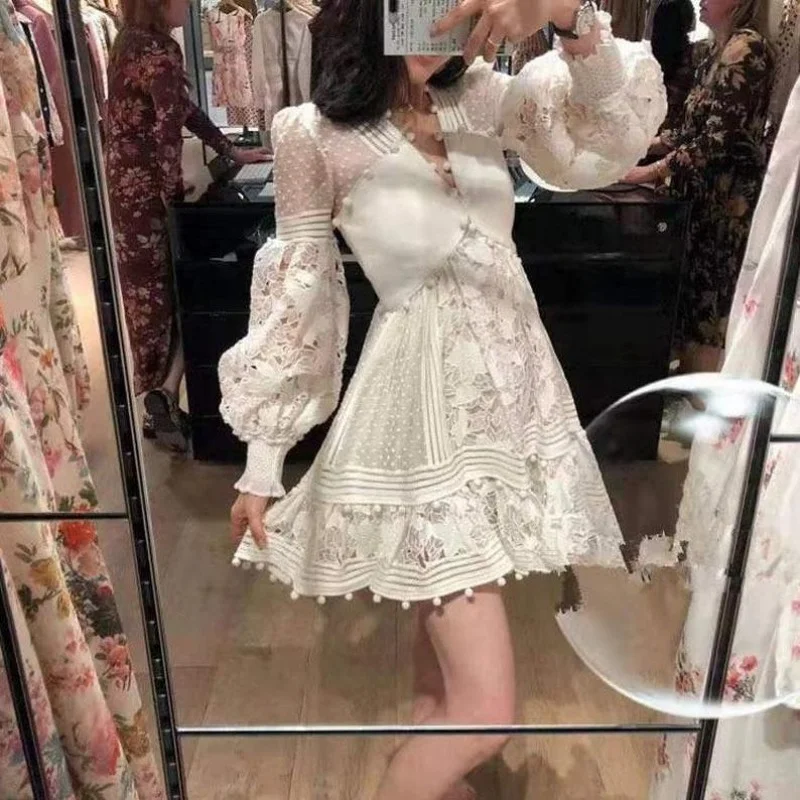 

Elegant Dress Popular Fashion Streetwear Deep V-neck Long Sleeve Solid Color Sexy Dress Collect Waist Hollow Out White Vestidos