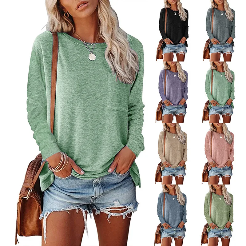 

New 2021 Women Spring Summer T-shirts Solid Loose Bottoming Long Sleeve Minimalist Midi Topswomen's Clothing Casual Clothing