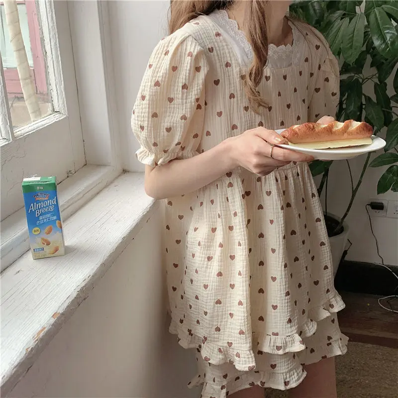 

QWEEK Cotton Sleepwear Korean Style Pijamas Heart Print Pajamas for Women Summer 2021 Pyjamas Lace Loungewear Short Sleeve Suits