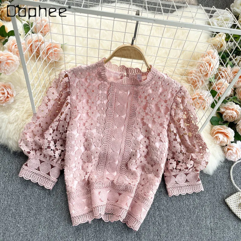 

2021 New Summer Dress French Girl Puff Sleeve Hollow Lace Shirt Short Top for Women