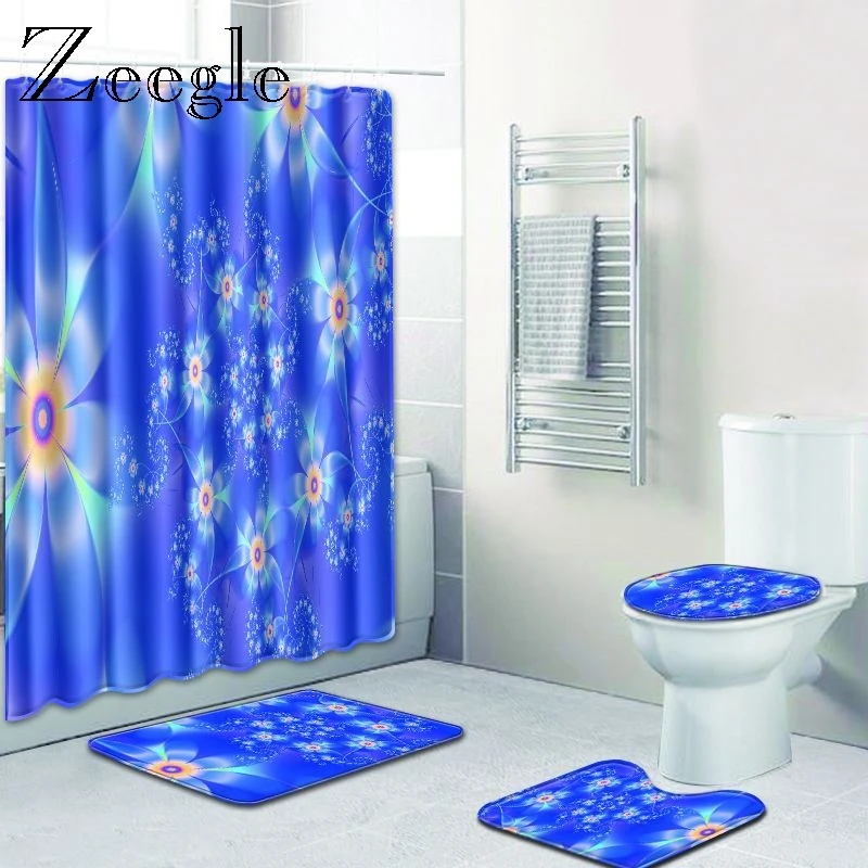 Zeegle Bathroom Mat Set and Shower Curtain Anti Slip Doormat Waterproof Washable Flannel Bath Carpets | Дом и сад
