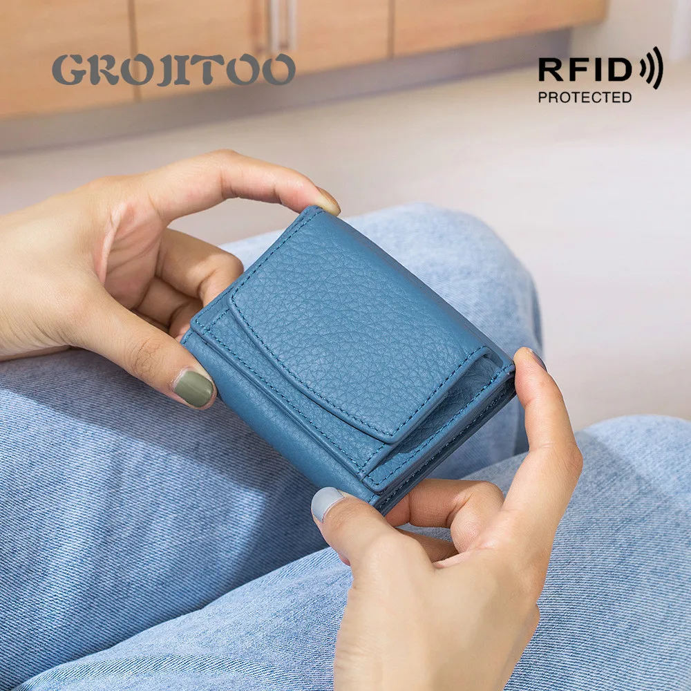 

Новый мини-кошелек GROJITOO из воловьей кожи первого слоя, Женский ультратонкий короткий кошелек из искусственной кожи с радиочастотной идентификацией
