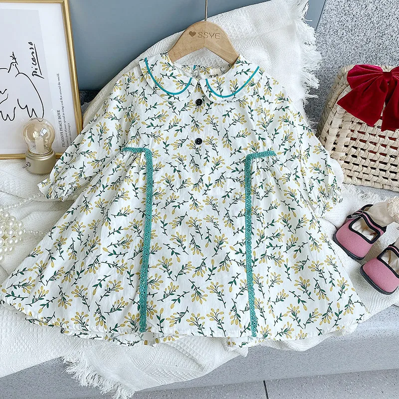 

2021 Spring And Autumn New Girls Long-Sleeved Fashion Floral Princess Dress Baby Girl Doll Collar Dress