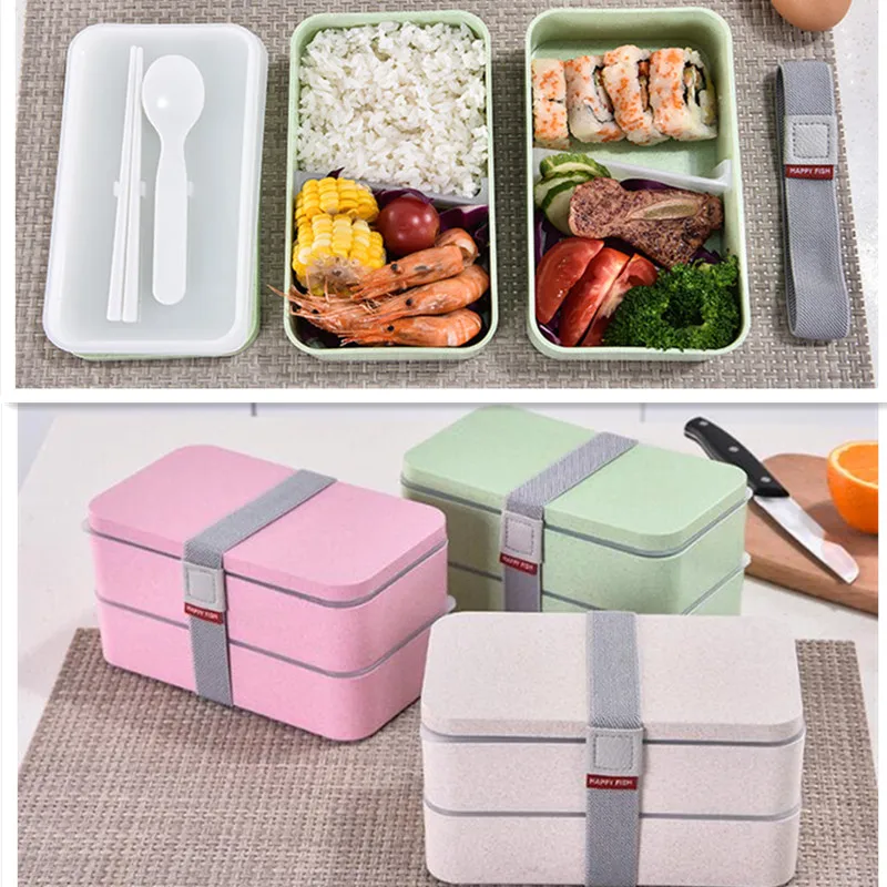 

1200ml Wheat Straw Double Layers Lunch Box With Spoon Healthy Material Bento Boxes Microwave Food Storage Container Lunchbox