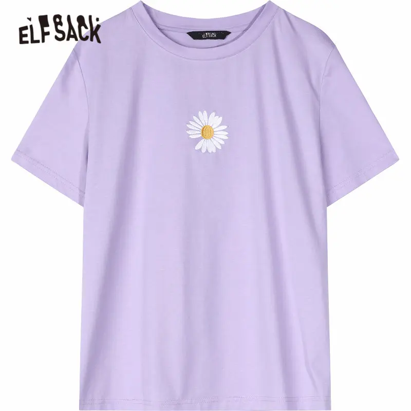 Женские повседневные футболки ELFSACK однотонные с вышитыми ромашками коротким
